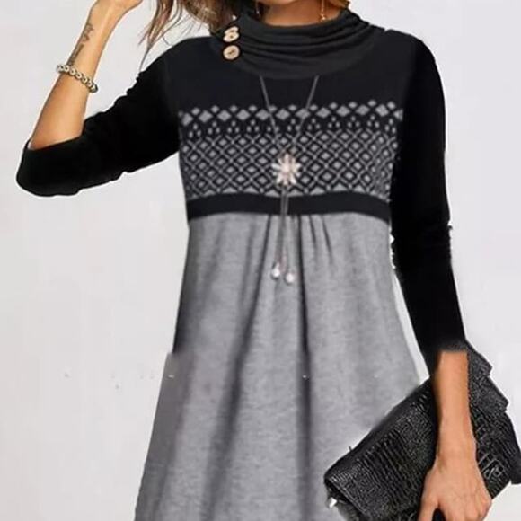 Tendency Gray Long Sleeve Geometric Print  Winter Fall Turtleneck Dress Size L - Picture 1 of 9